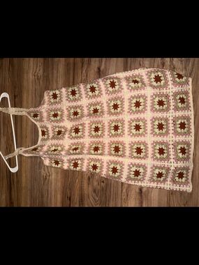 Handmade Crochet Sunburst Tank Dress - Pink, Cream & Brown